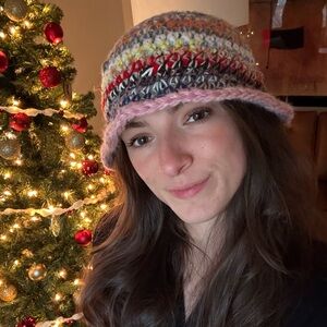 Handmade crochet scrap yarn bucket hat!